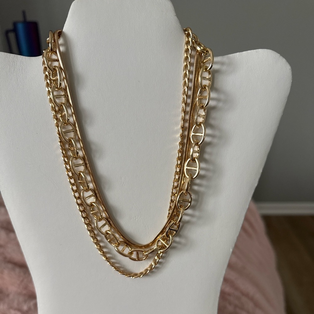 Gold-Tone Triple-Layer Chain Necklace – Statement Costume Jewelry